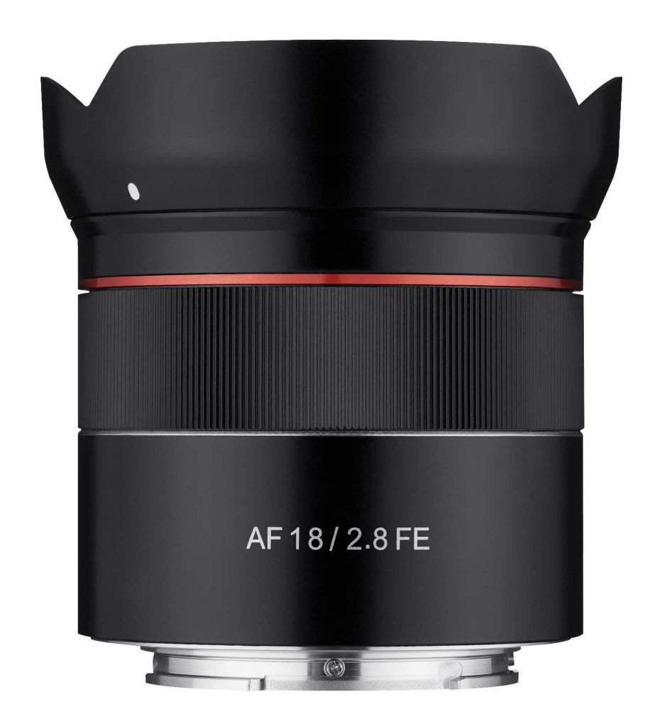 Samyang AF 18mm F2.8 FE Lens side view with hood